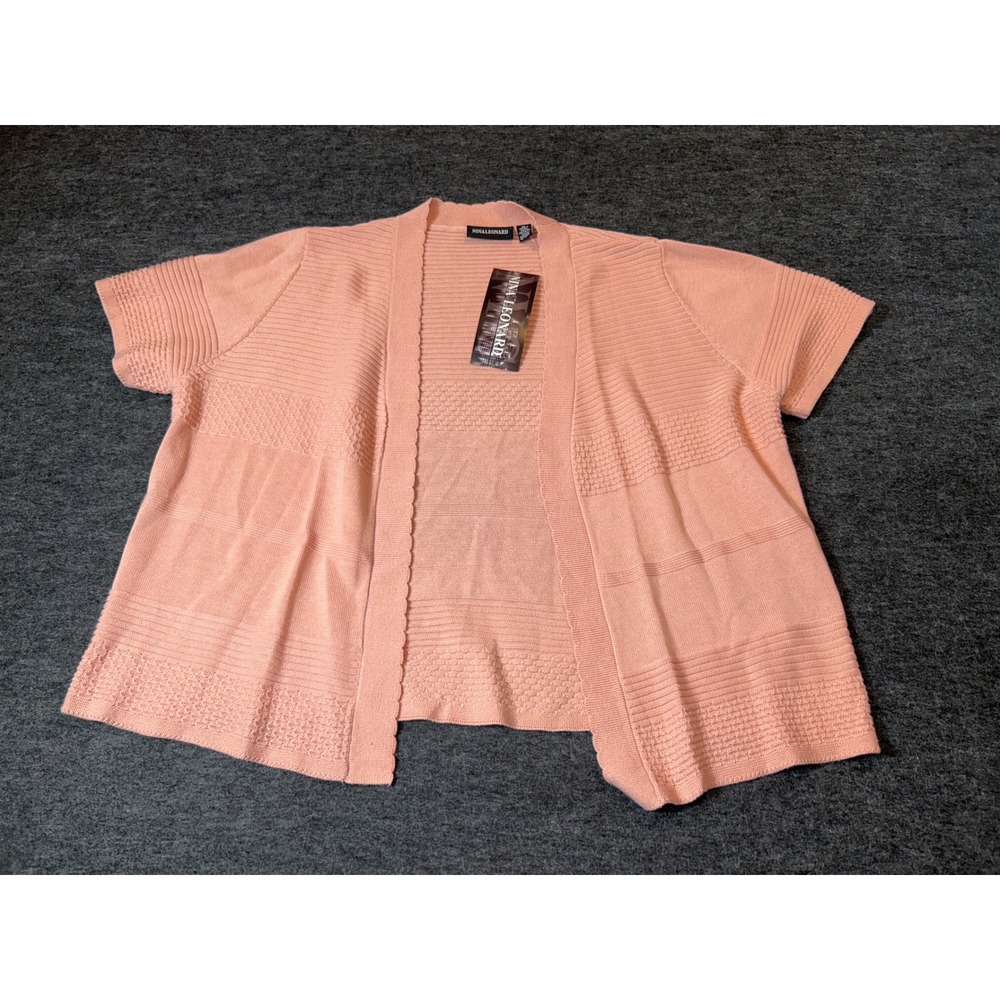 Nina Leonard Cardigan Womens XL Blush Pink Short Sleeve Open Front Mixed Knit